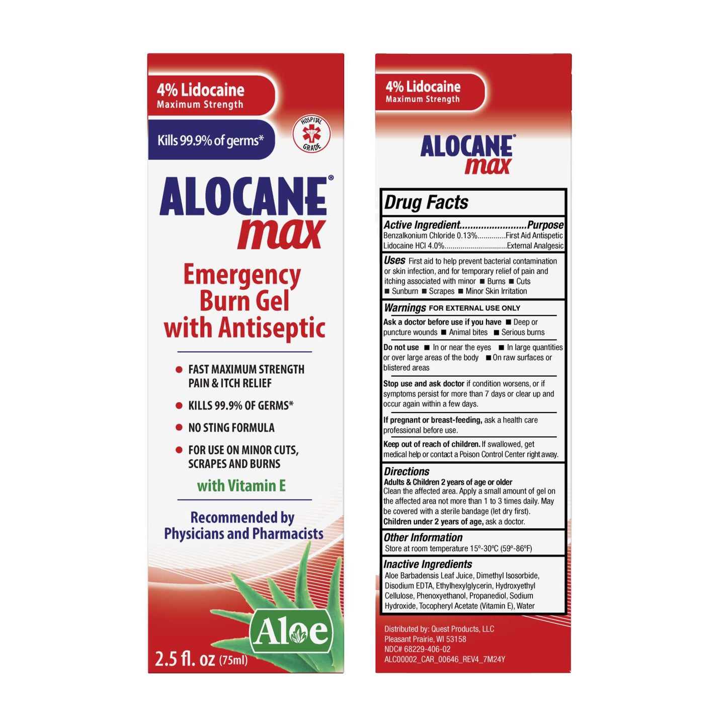 a side by side image of alocane max emergency burn gel featuring the front and back of carton