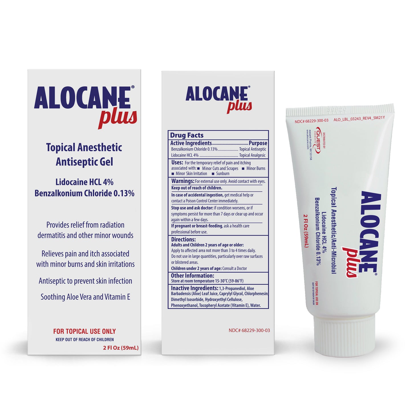Alocane Plus product display with the front and back of the carton and the front of the tube arranged side by side on a clean background