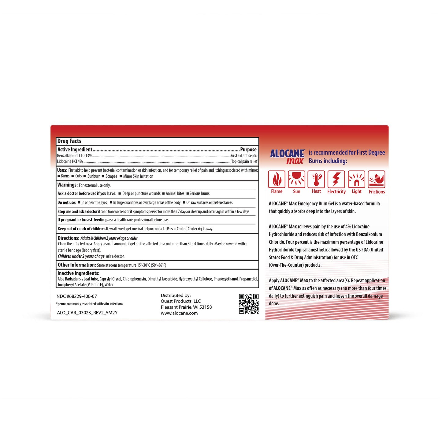 image of alocane max product carton with back of carton showing drug facts against white background.