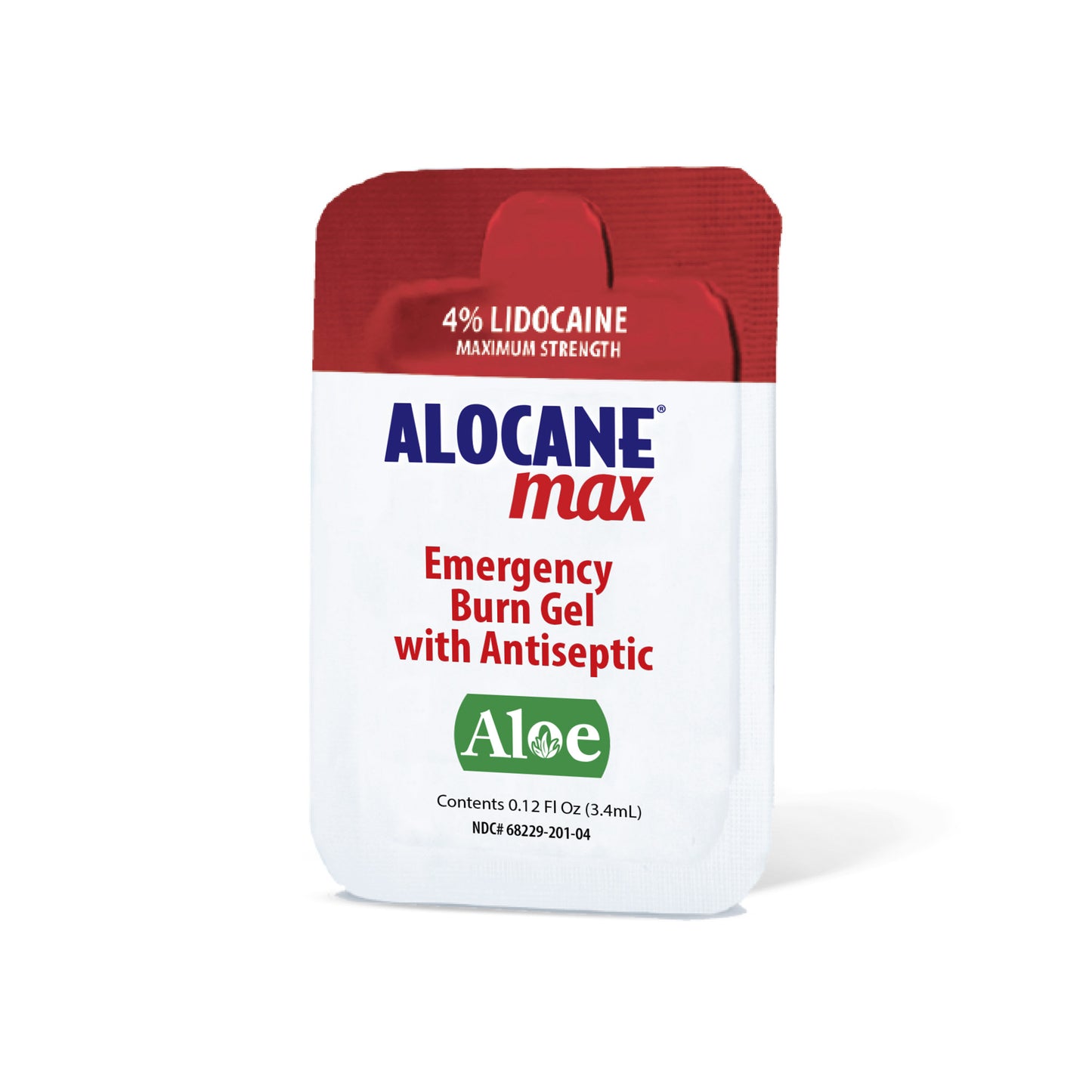 image of alocane max emergency burn gel with antiseptic single sachet against white background