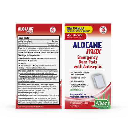 ALOCANE Max Maximum Strength Emergency Burn Pads with Antiseptic, 10 Count