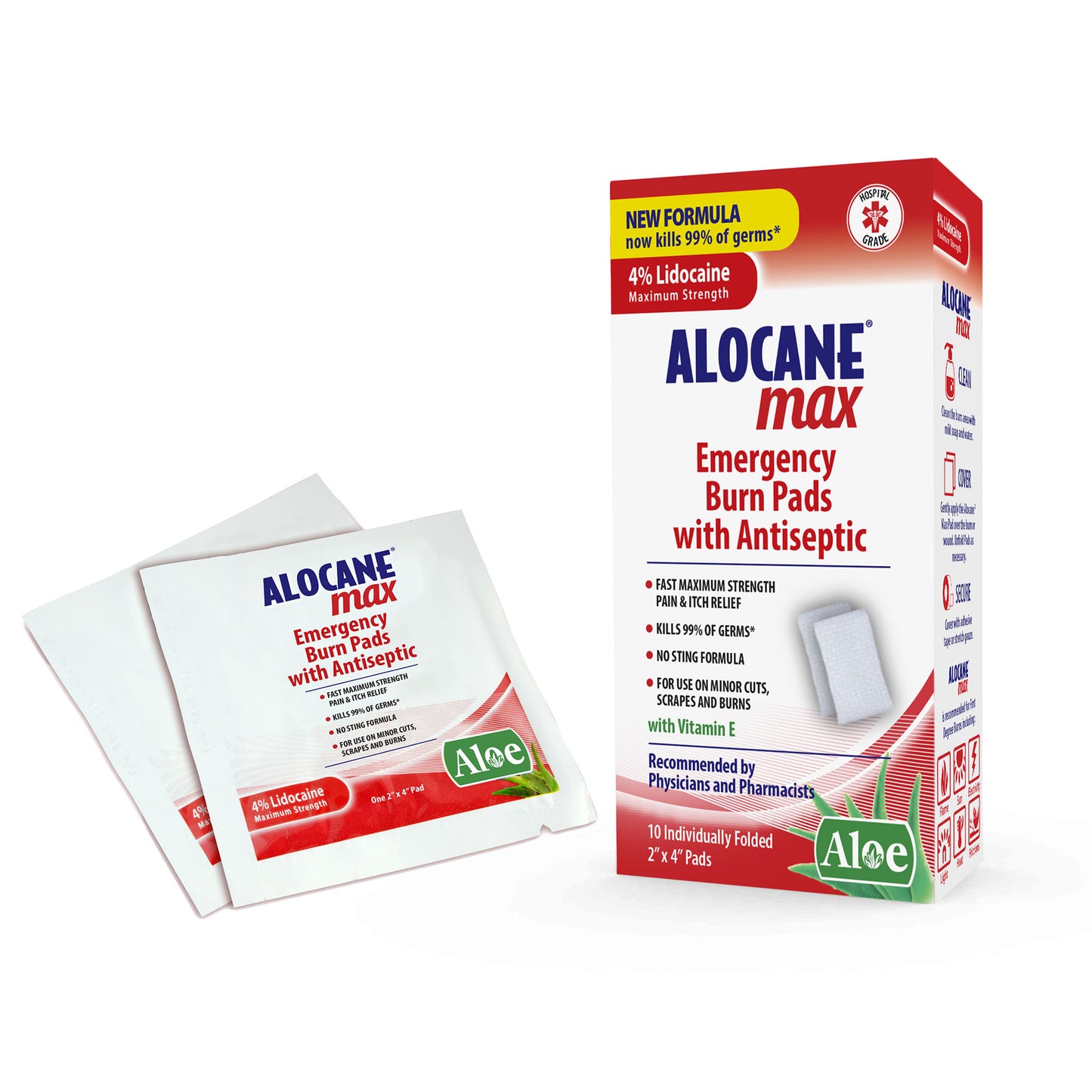 ALOCANE Max Maximum Strength Emergency Burn Pads with Antiseptic, 10 Count